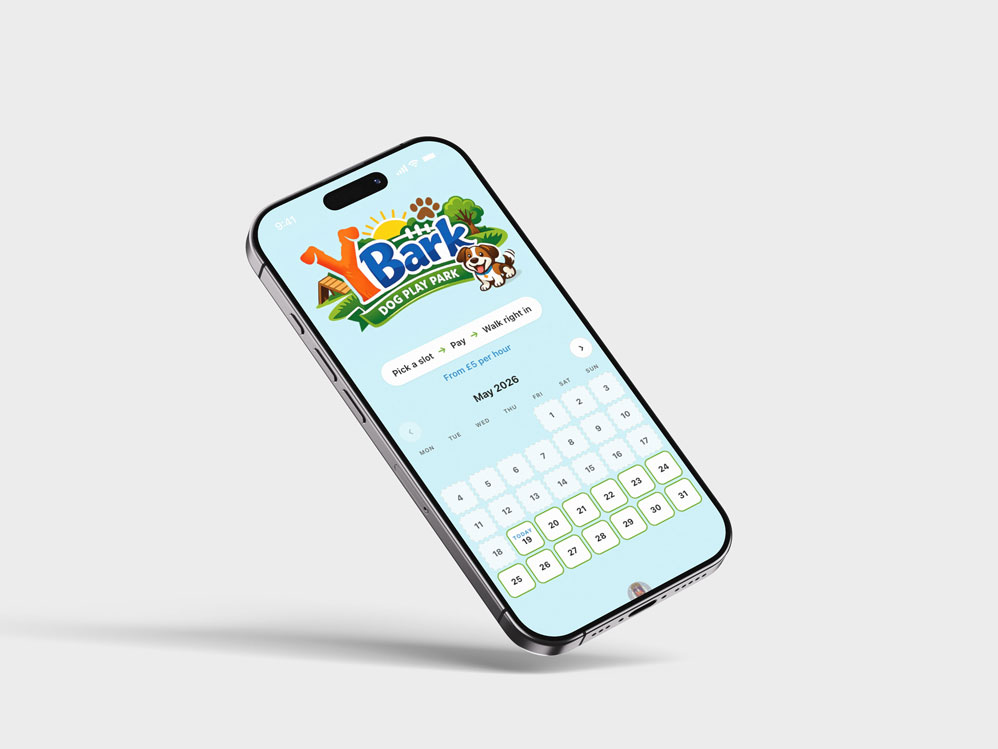 The Y Bark booking page on iPhone: slot picker showing May 2026 calendar